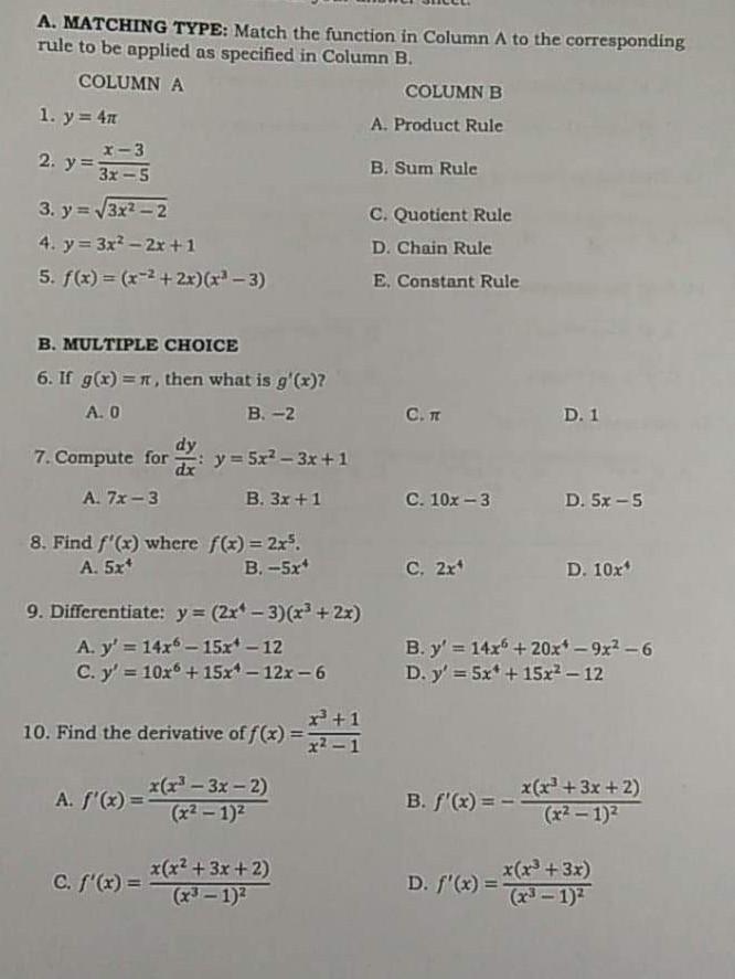 Solved A. MATCHING TYPE: Match the function in Column A to | Chegg.com