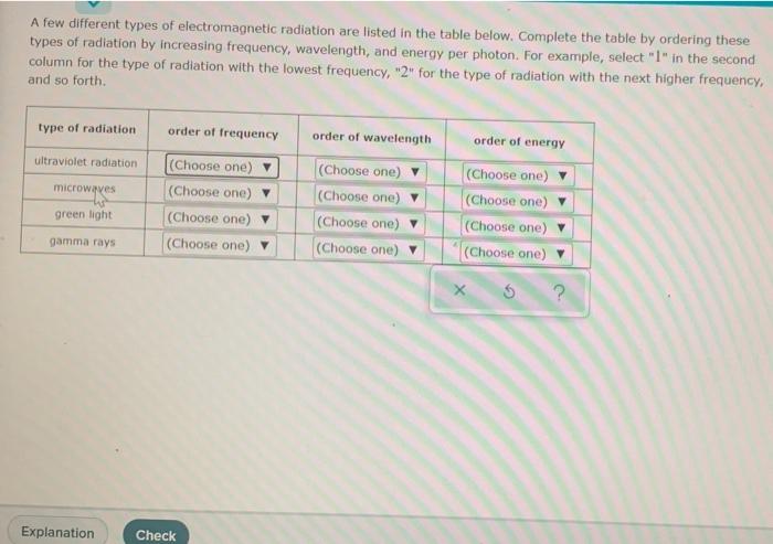 A few different types of electromagnetic radiation are listed in the table below. Complete the table by ordering these
types 