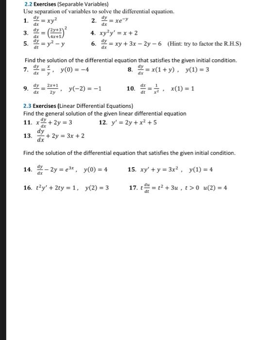 Solved 2.2 Exercises (Separable Variables) Use separation of | Chegg.com