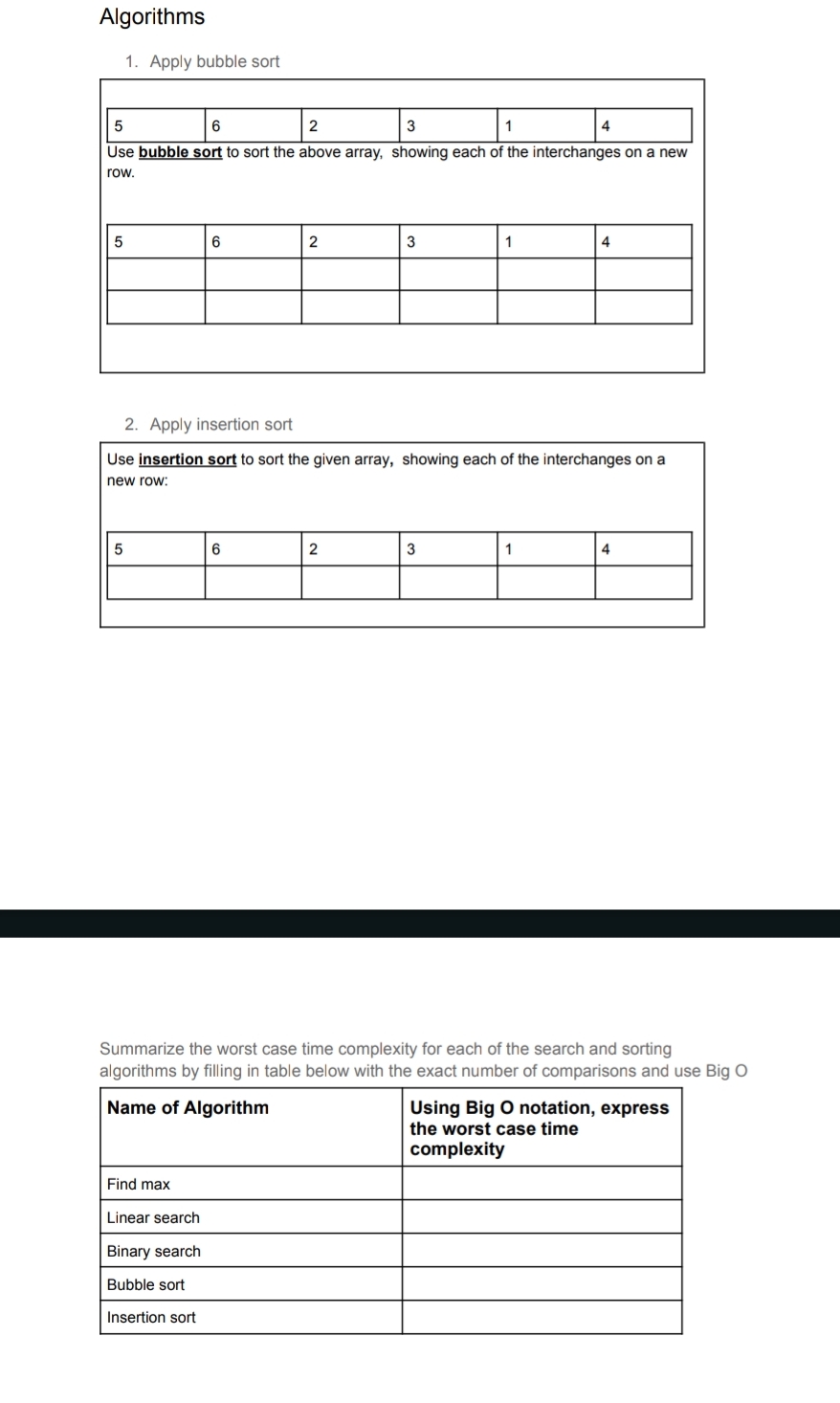 AlgorithmsApply bubble sort\table[[5,6,2,3,1,4]]Use | Chegg.com