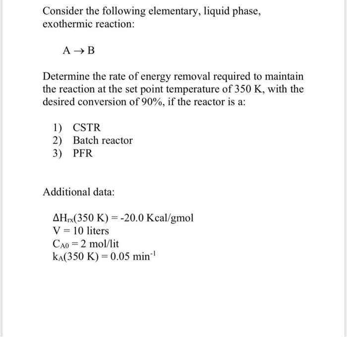 Solved Consider the following elementary, liquid phase, | Chegg.com
