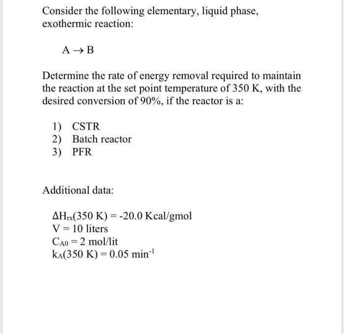 Solved Consider The Following Elementary, Liquid Phase, | Chegg.com