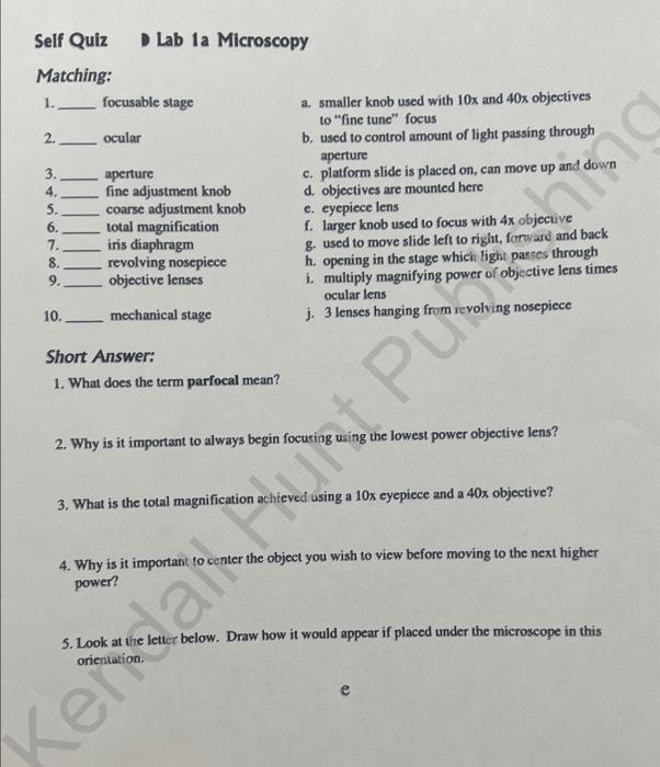 Solved Self Quiz Lab 1a Microscopy Matching 1. focusable