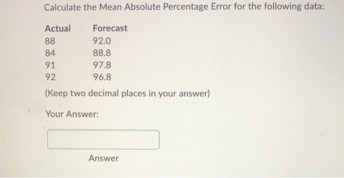 Solved Calculate the Mean Absolute Percentage Error for the | Chegg.com