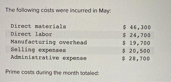 Solved The following costs were incurred in May: Prime costs | Chegg.com