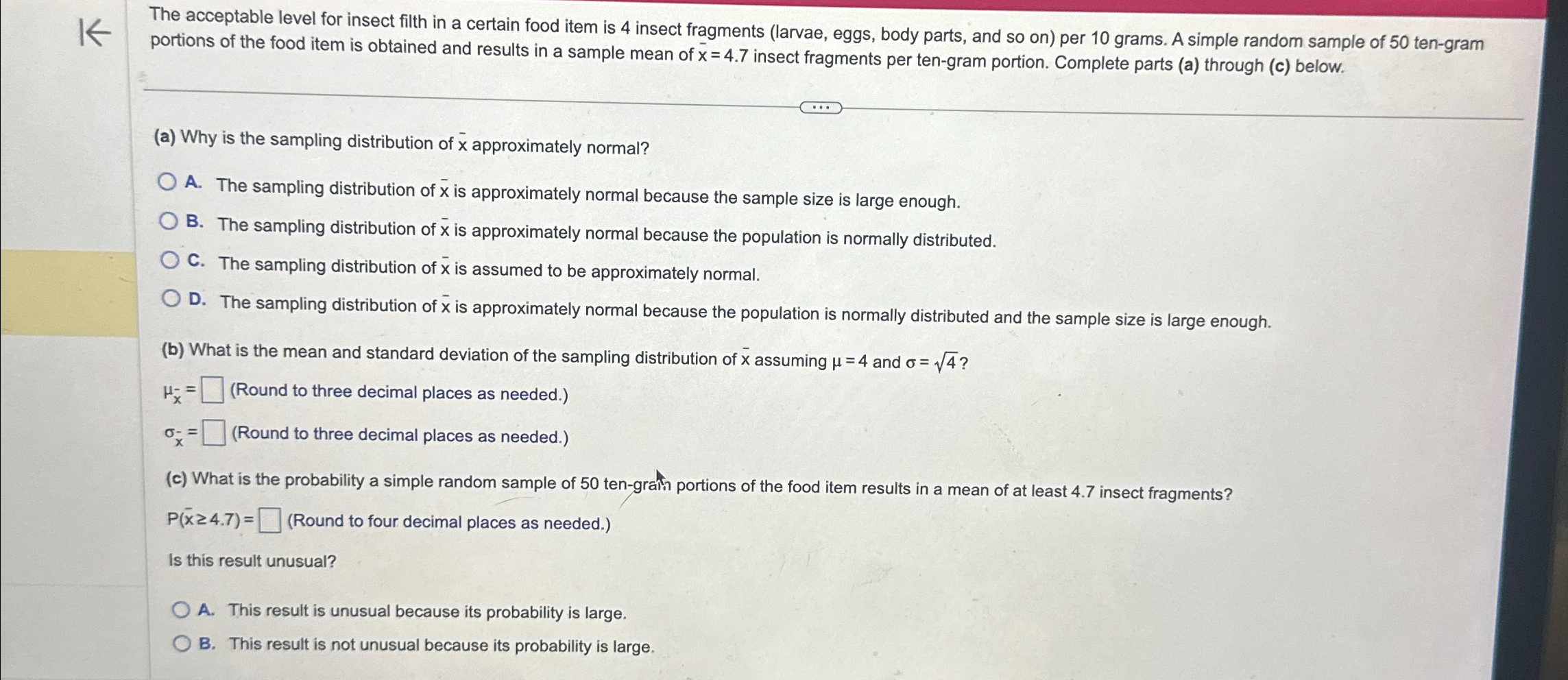 Solved The acceptable level for insect filth in a certain | Chegg.com