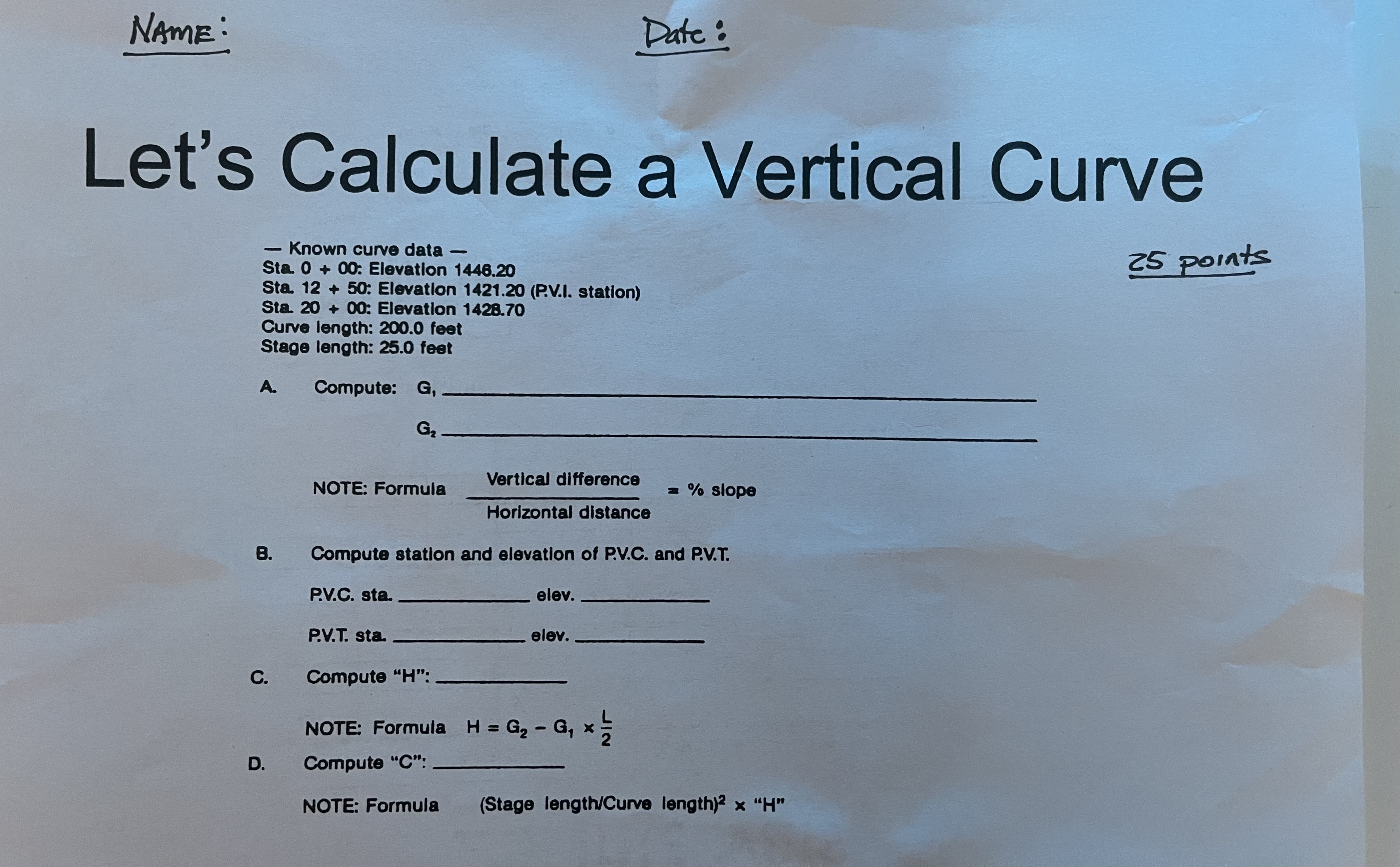 Solved NAME:Let's Calculate a Vertical CurveKnown curve data | Chegg.com