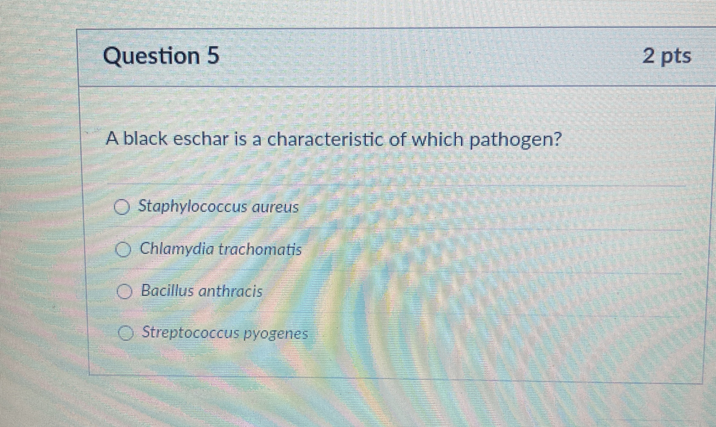 Solved Question 5A black eschar is a characteristic of which | Chegg.com