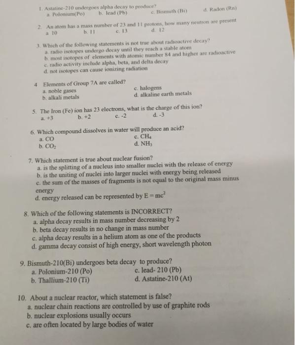 Solved 10 1. Astatine-210 undergoes alpha decay to produce! | Chegg.com