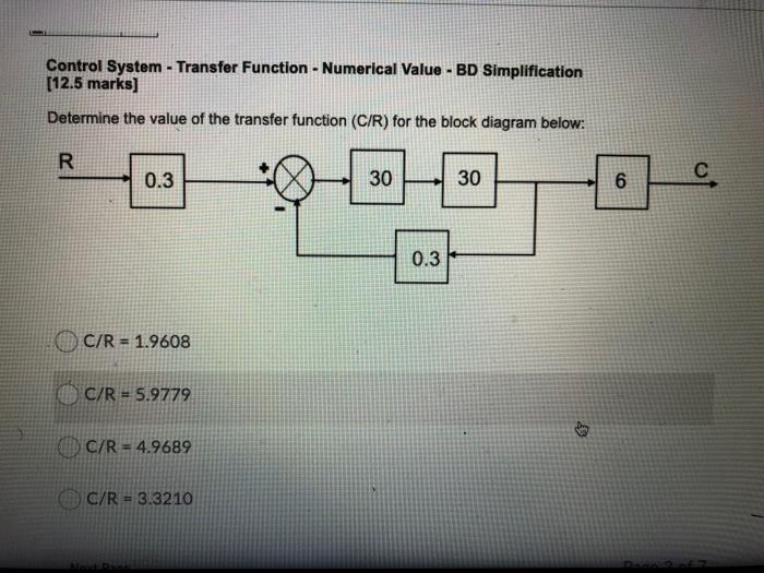 Solved Control System - Transfer Function - Numerical Value | Chegg.com