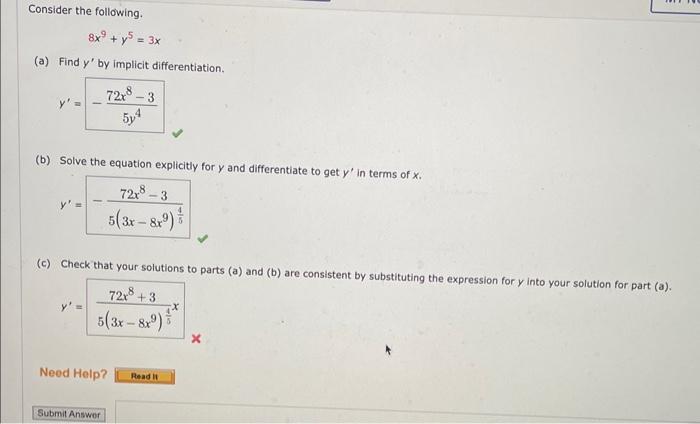 Solved Consider The Following. 8x9+y5=3x (a) Find Y′ By | Chegg.com