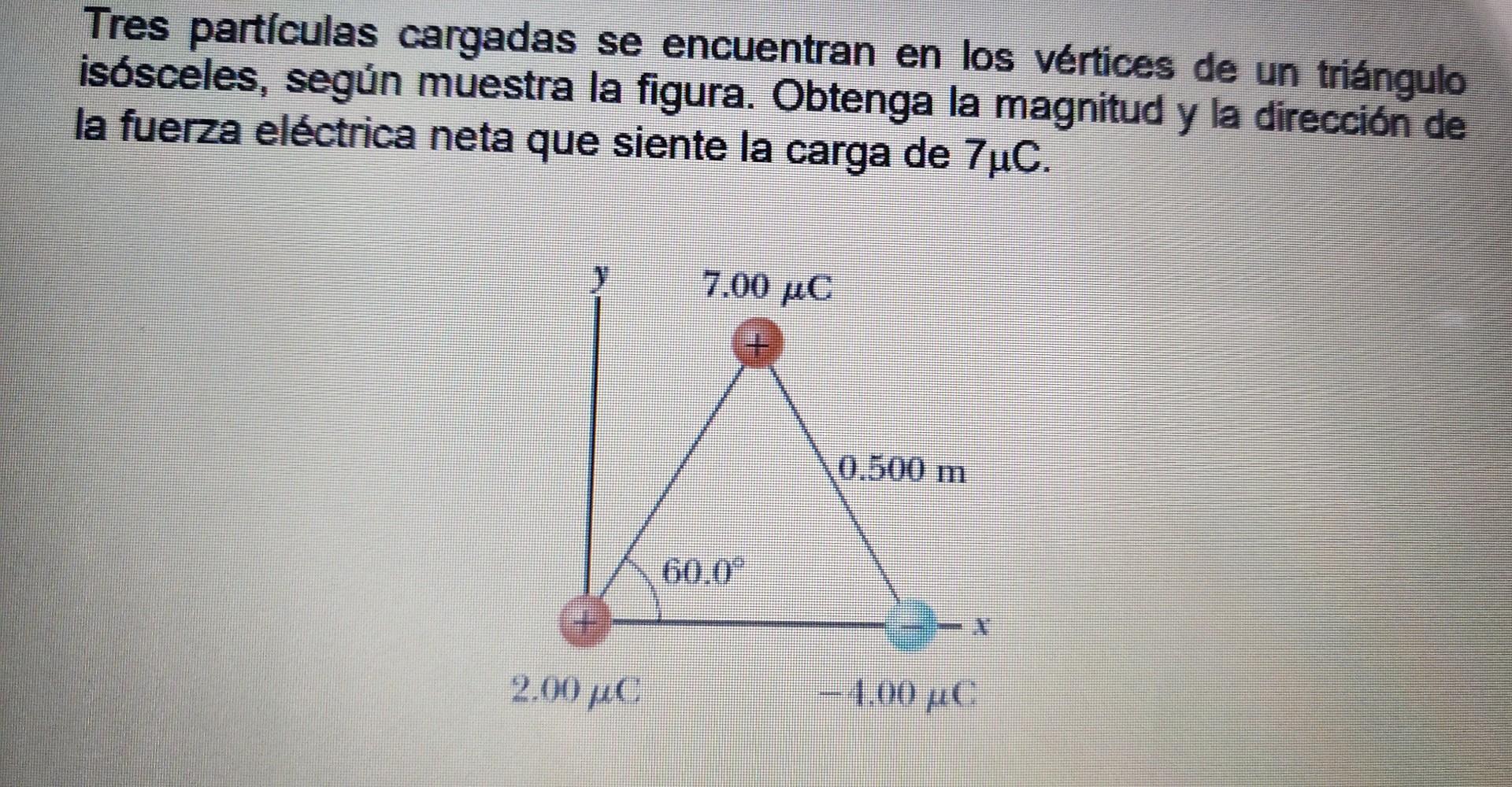 Tres particulas cargadas se encuentran en los vértices de un triángulo isósceles, según muestra la figura. Obtenga la magnitu