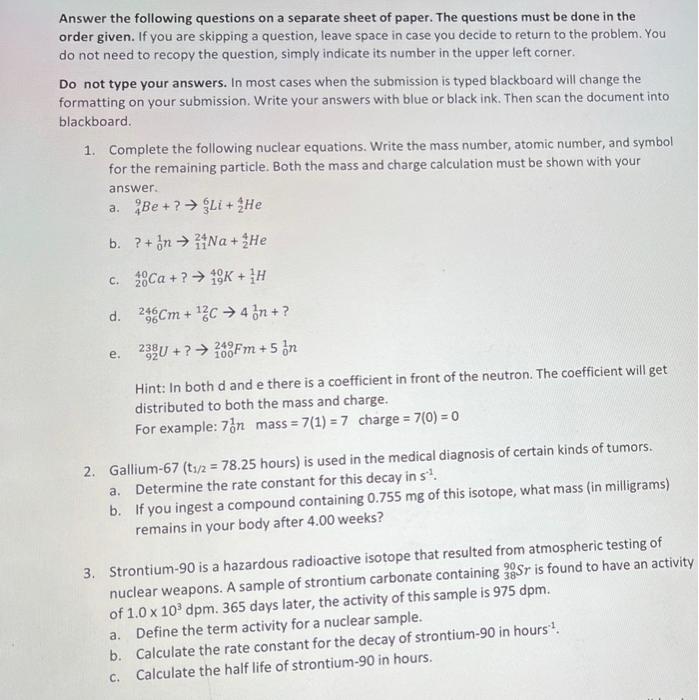 Answer the following questions on a separate sheet of | Chegg.com