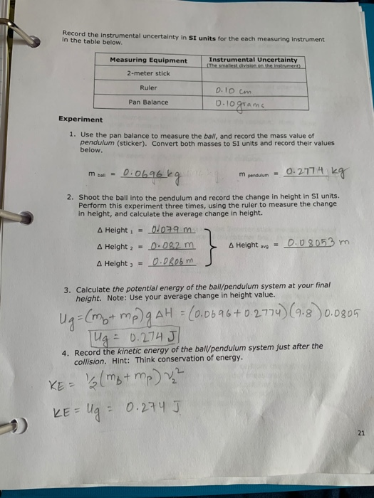 Solved ballistic pendulum lab work. answer question 1,2,3