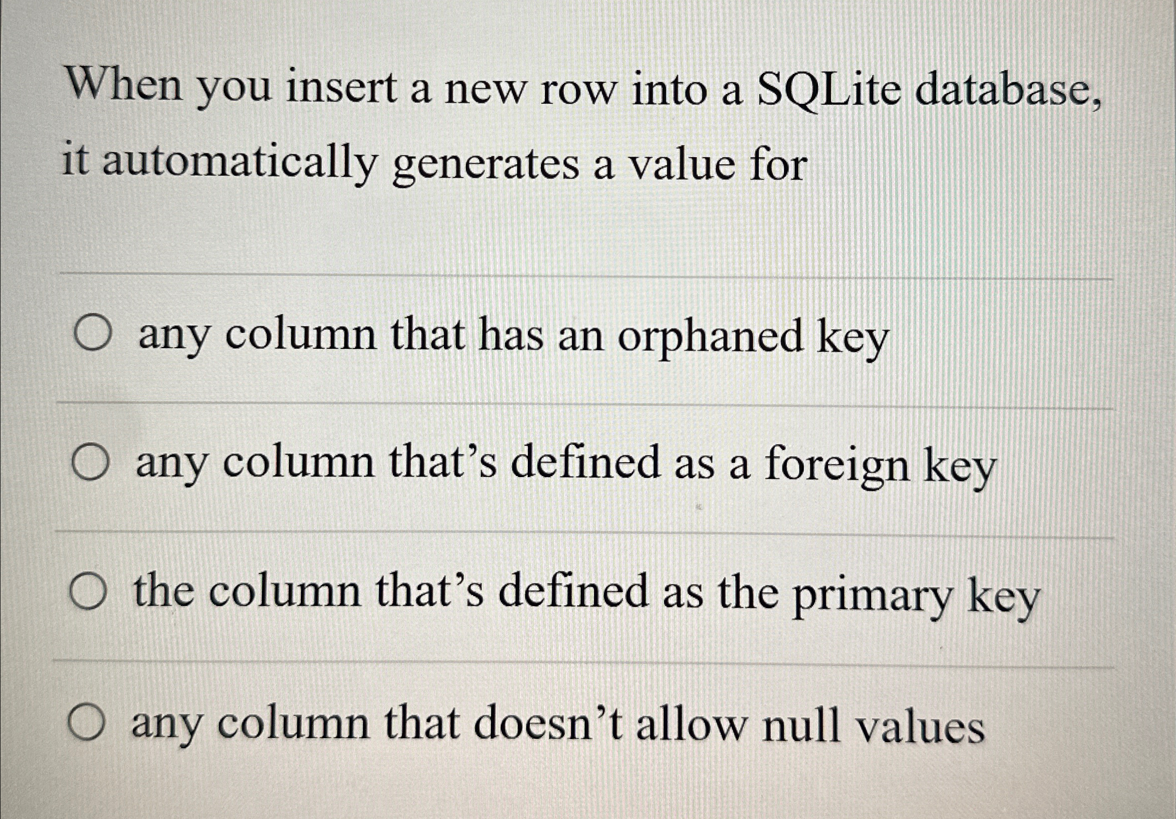 Solved When you insert a new row into a SQLite database, it | Chegg.com