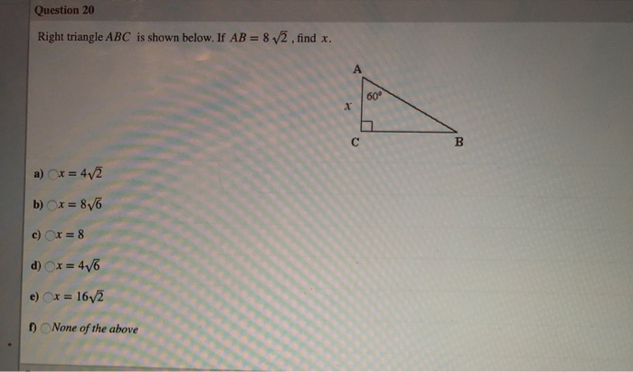 Solved Question 20 Right triangle ABC is shown below. If AB | Chegg.com