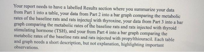 Your report needs to have a labelled Results section where you summarize your data from Part 1 into a table, your data from P
