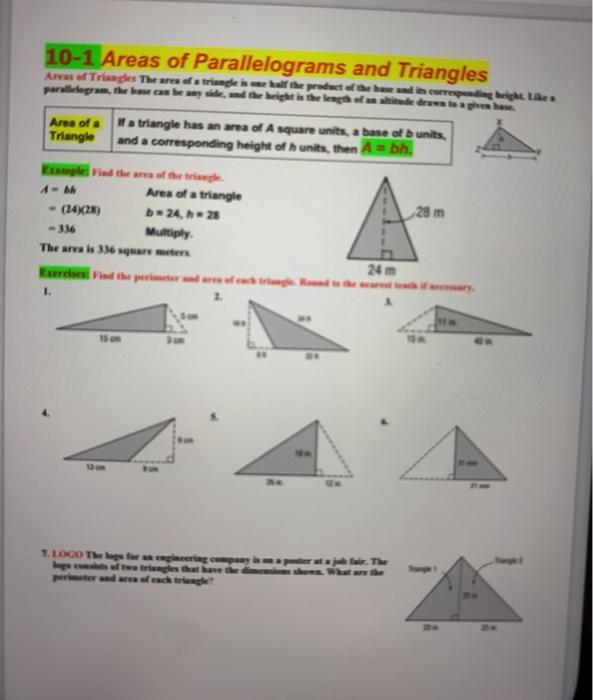 10 1 Areas Of Parallelograms And Triangles Areas Of Chegg 