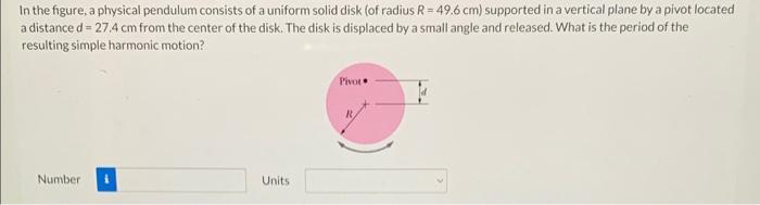 In the figure, a physical pendulum consists of a uniform solid disk (of radius \( R=49.6 \mathrm{~cm} \) ) supported in a ver