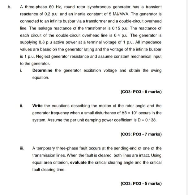 Solved b. A three-phase 60 Hz, round rotor synchronous | Chegg.com