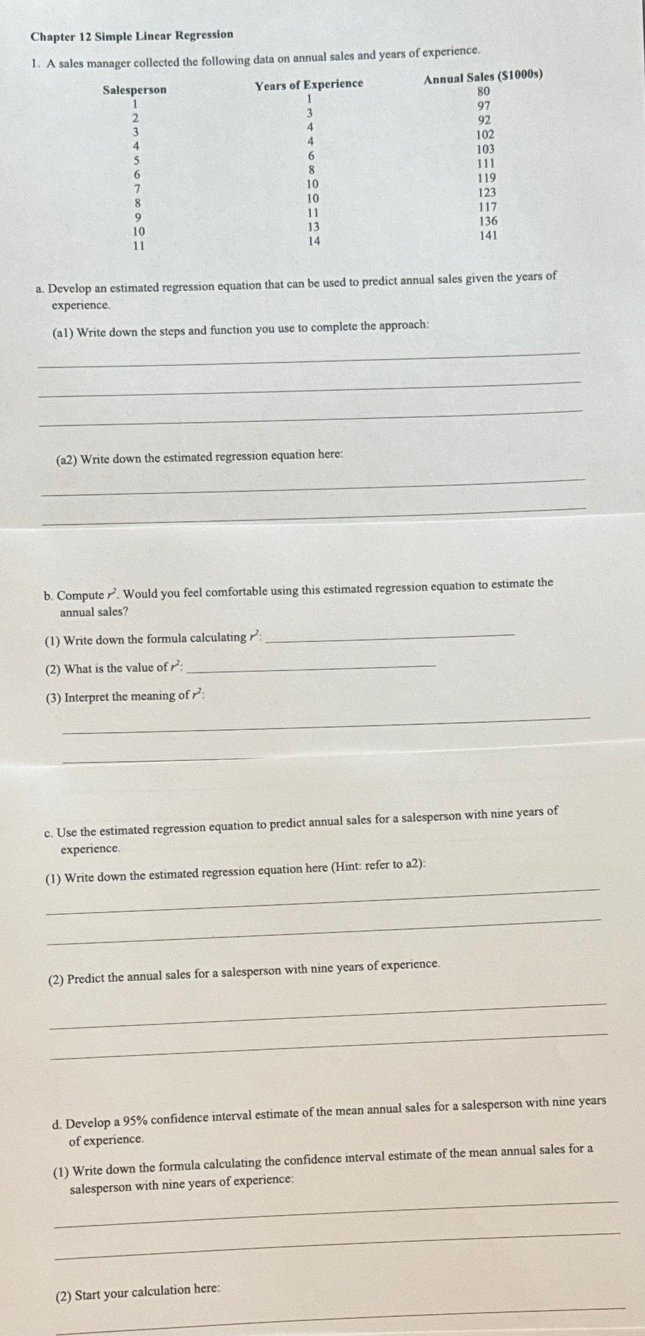 Solved Chapter 12 ﻿Simple Linear RegressionA sales manager | Chegg.com