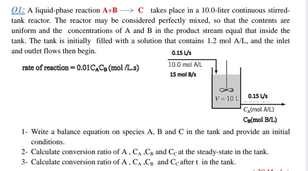 Solved 01: A liquid-phase reaction A+B C takes place in a | Chegg.com