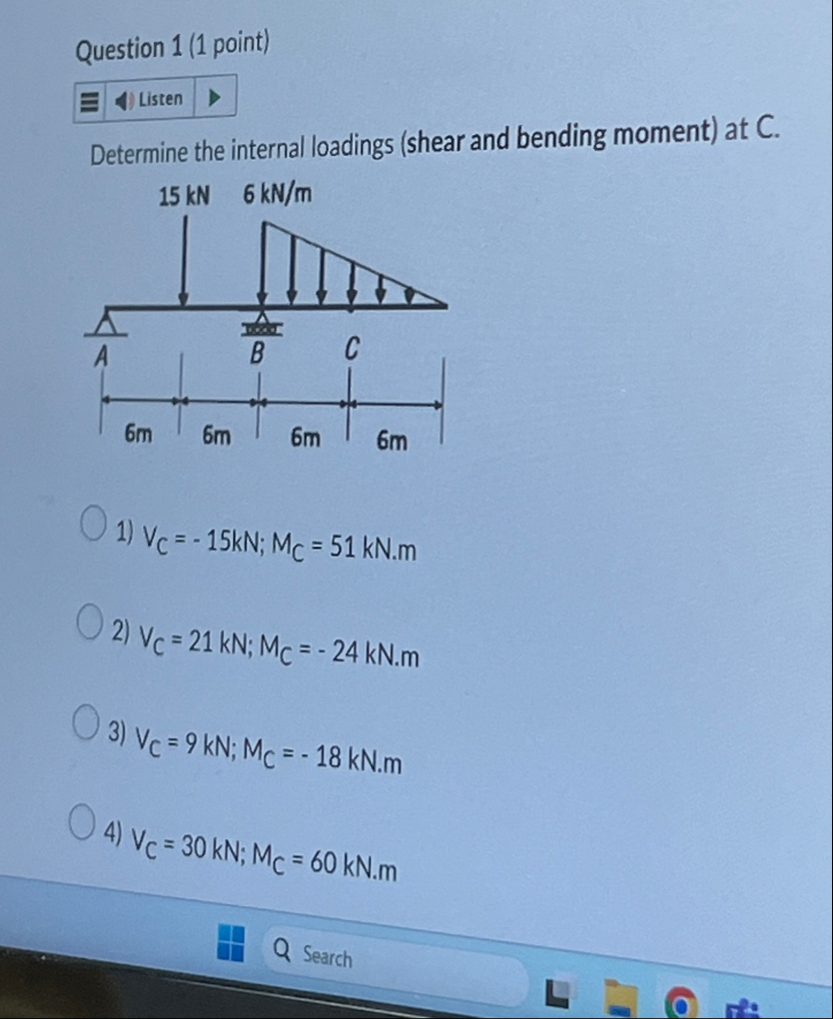 Solved Question 1 (1 ﻿point)Determine the internal loadings | Chegg.com