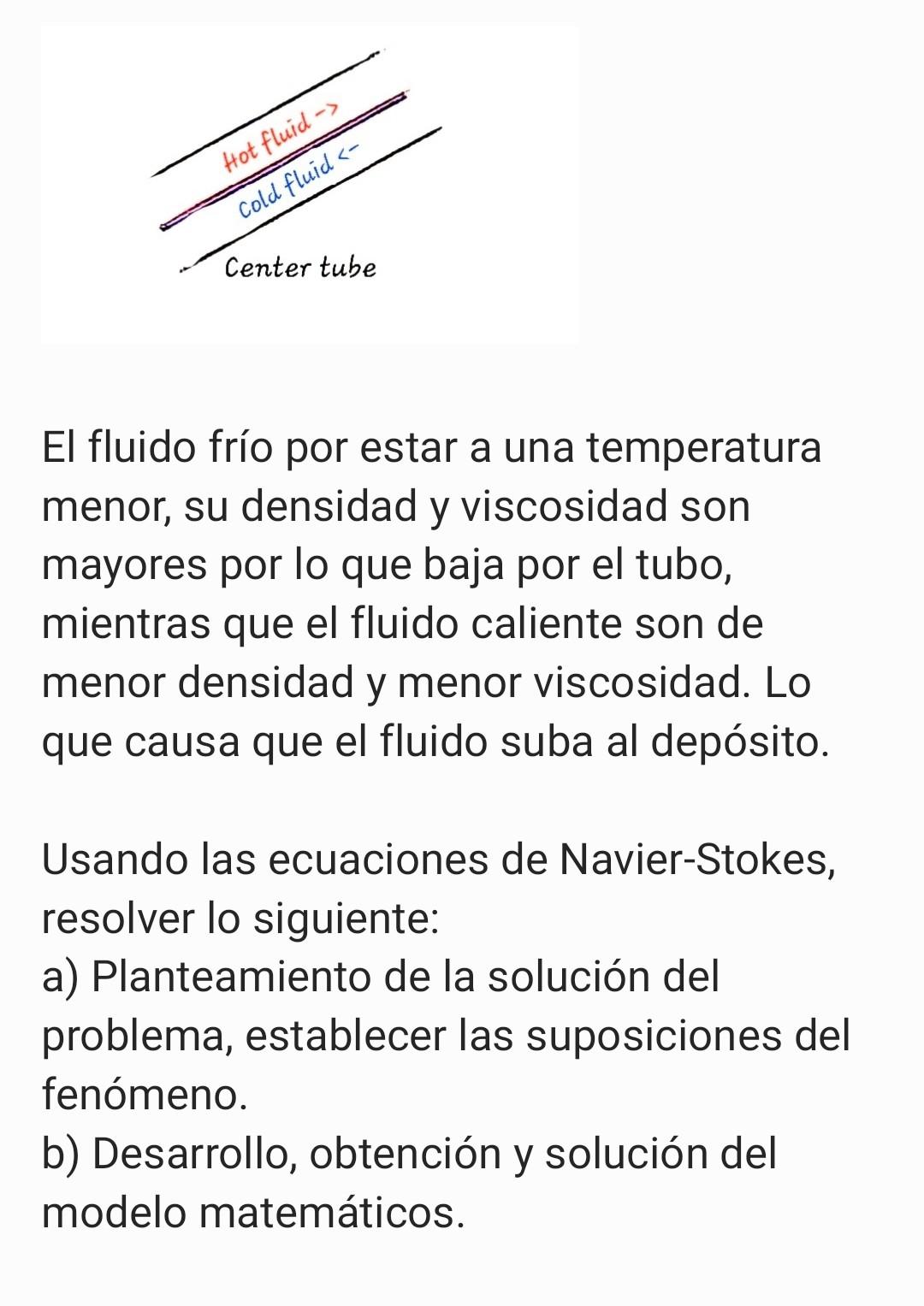 El fluido frío por estar a una temperatura menor, su densidad y viscosidad son mayores por lo que baja por el tubo, mientras