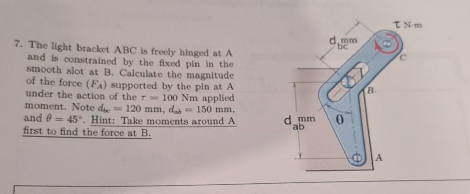 Solved τNm d.mm bc C 7. The light bracket ABC is freely | Chegg.com