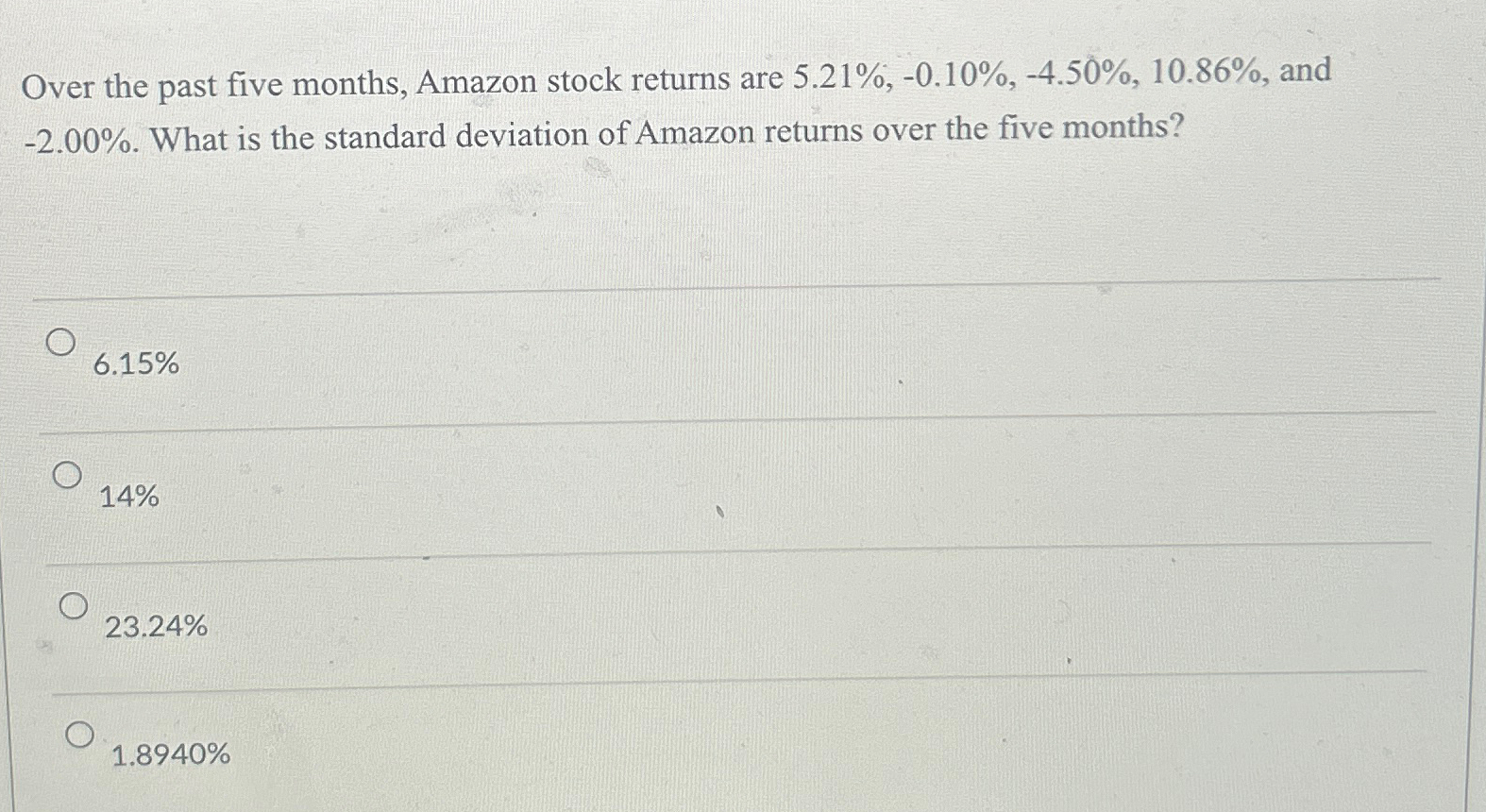 Solved Over the past five months, Amazon stock returns are | Chegg.com