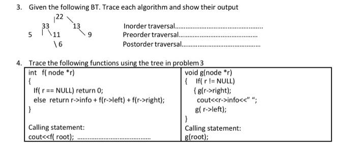 Solved 3. Given the following BT. Trace each algorithm and | Chegg.com