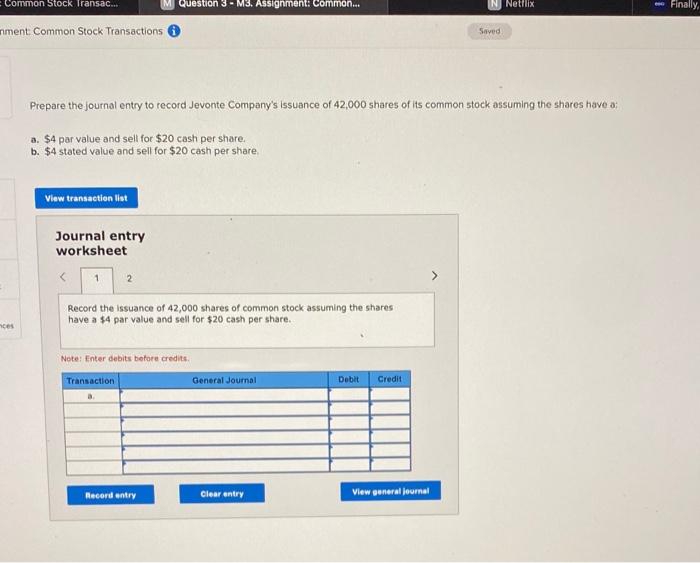 Solved Common Stock Transac... Question 3 - M3. Assignment: | Chegg.com