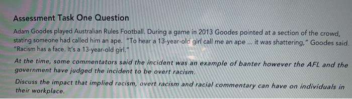 Assessment Task One Question Adam Goodes played Australian Rules Football. During a game in 2013 Goodes pointed at a section