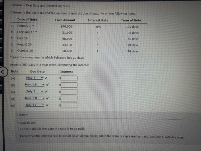 Solved Determine Due Date And Interest On Notes Determine 6724