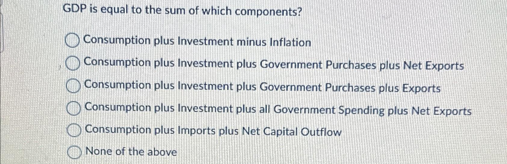 Solved GDP is equal to the sum of which | Chegg.com