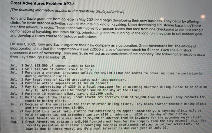 Solved Great Adventures Problem AP3-1 (The following | Chegg.com