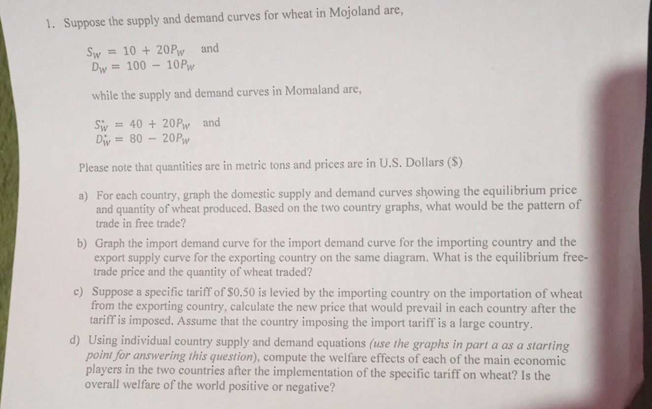 1. Suppose the supply and demand curves for wheat in