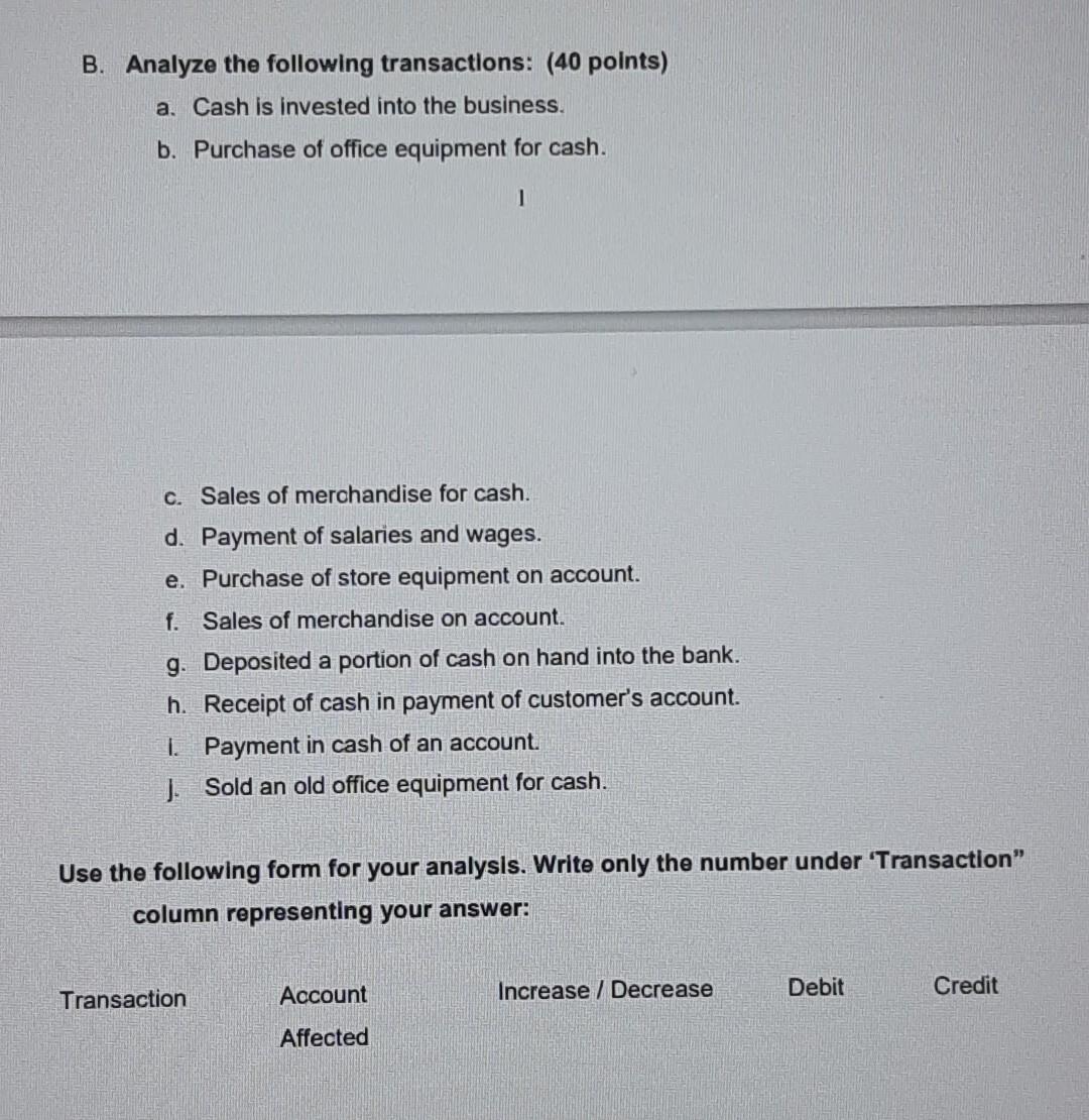 Solved B. Analyze the following transactions (40 points) a.