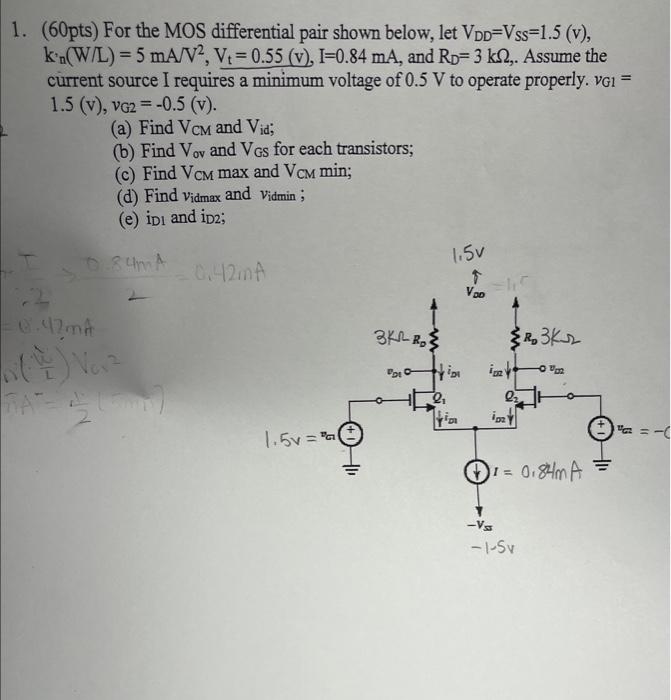 Solved (60pts) For the MOS differential pair shown below, | Chegg.com