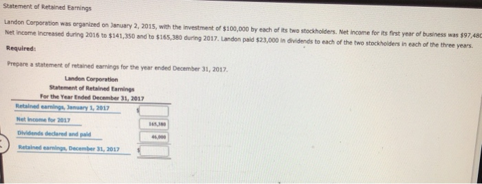 Solved Statement Of Retained Earnings Landon Corporation Was Chegg