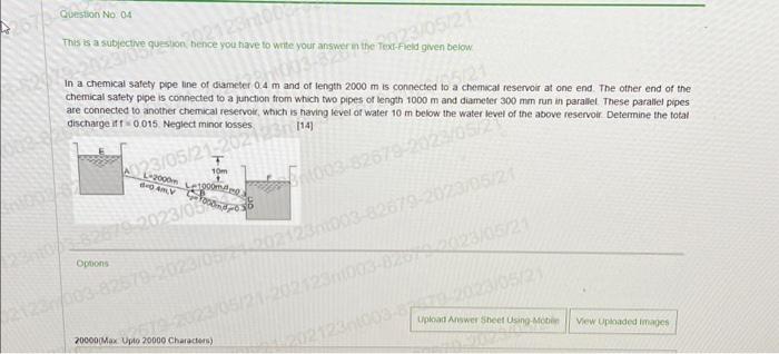 In a chemical satefy ppe line of diameter \( 0.4 \mathrm{~m} \) and of length \( 2000 \mathrm{~m} \) is connected to a chemic