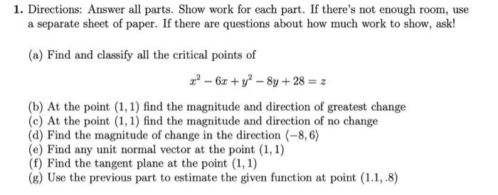 Solved 1. Directions: Answer all parts. Show work for each | Chegg.com