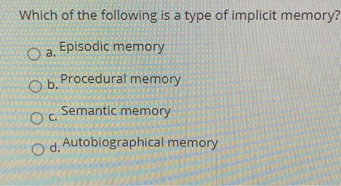 Solved Which of the following is a type of implicit memory? | Chegg.com