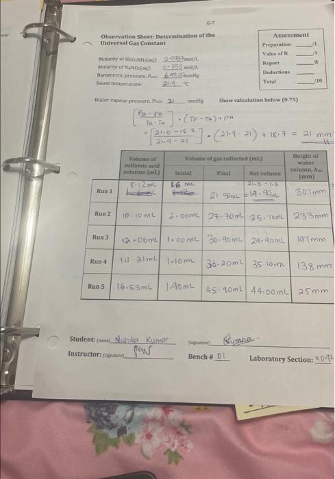 Observation Sheet: Determination of the Universal Gas | Chegg.com