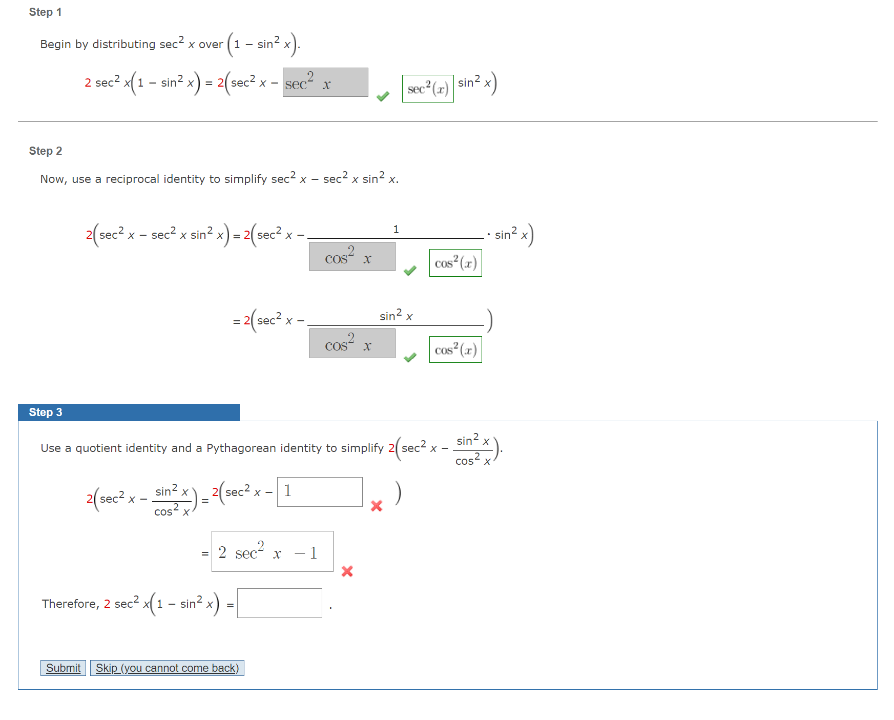 Solved Step 1Begin by distributing sec2x ﻿over | Chegg.com