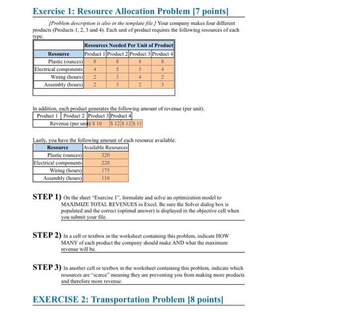 Exercise 1: Resource Allocation Problem 17 points) | Chegg.com