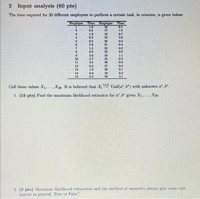 Solved 2 Input analysis (60 pts) The time required for 30 | Chegg.com