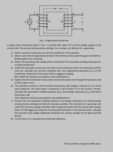 Solved M NO Fig. 1. Single phase transformer A single phase | Chegg.com