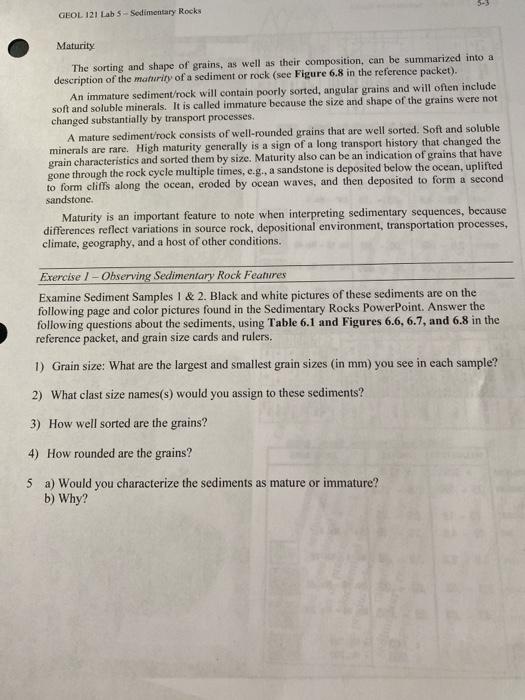 GEOL 121 Lab 5 - Sedimentary Rocks Maturity The | Chegg.com