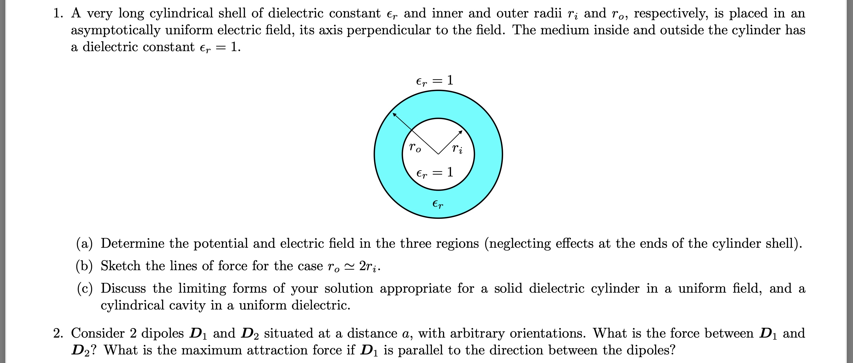 Solved A very long cylindrical shell of dielectric constant | Chegg.com
